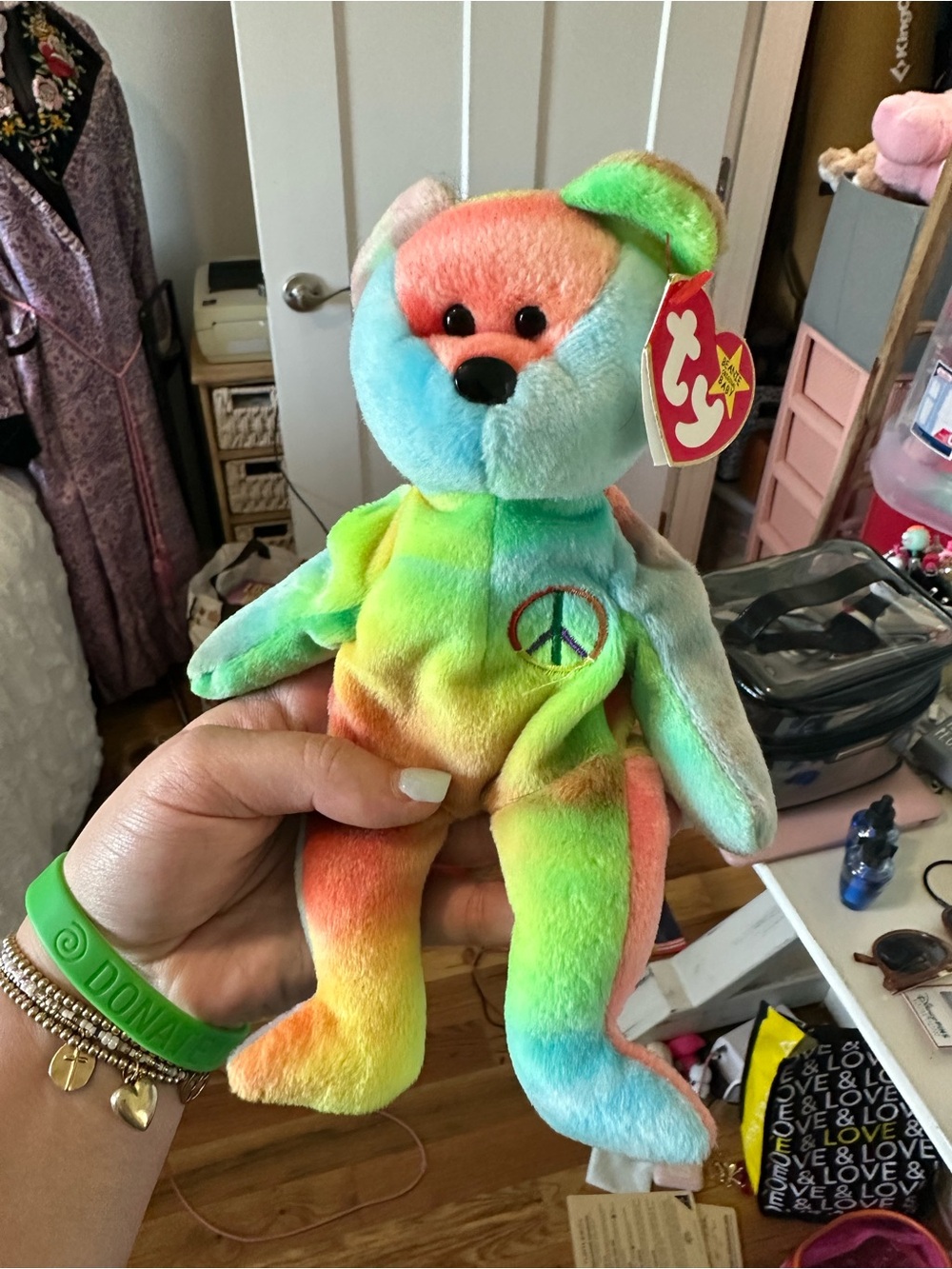 Ty Multicolor Tie-Dye Peace Bear Plush - Green Blue Orange Pink Yellow